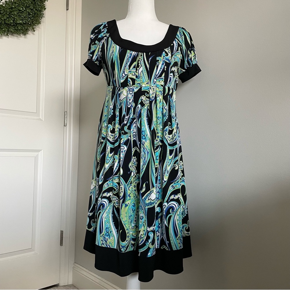 London Times Dress, Teal, Green, Black Dress, Mid-Length Dress, Multicolored